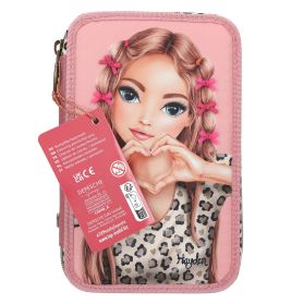 Rosa Reißverschlusstasche mit einem Motiv eines Mädchens, das ein Herz mit den Händen formt.