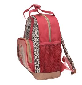 Rosa-Leo-Rucksack mit Fronttasche und Bild von zwei Mädchen mit blonden Haaren.