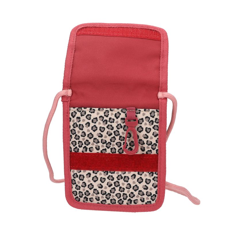 Kleine rote Tasche mit pinken Trägern und Leo-Fronttasche, Reißverschluss und Clip. Kleine rote Tasche mit pinken Trägern und Leo-Fronttasche, Reißverschluss und Clip.