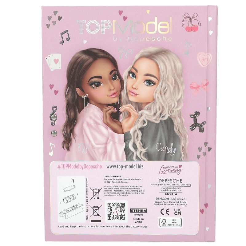 Zwei gezeichnete Mädchen auf einem pinken Notizbuch mit Herzen, Musiknoten und TOPModel von Depesche-Schriftzug.