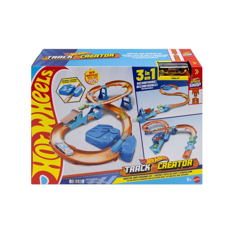 Hot Wheels Track Creator 3-in-1-Set: Verpackung mit bunten Strecken und flexibel zusammenstellbarer Bahn.