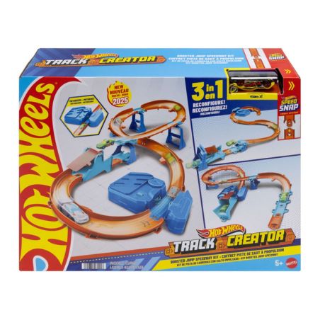 Hot Wheels Track Creator 3-in-1-Set: Verpackung mit bunten Strecken und flexibel zusammenstellbarer Bahn.