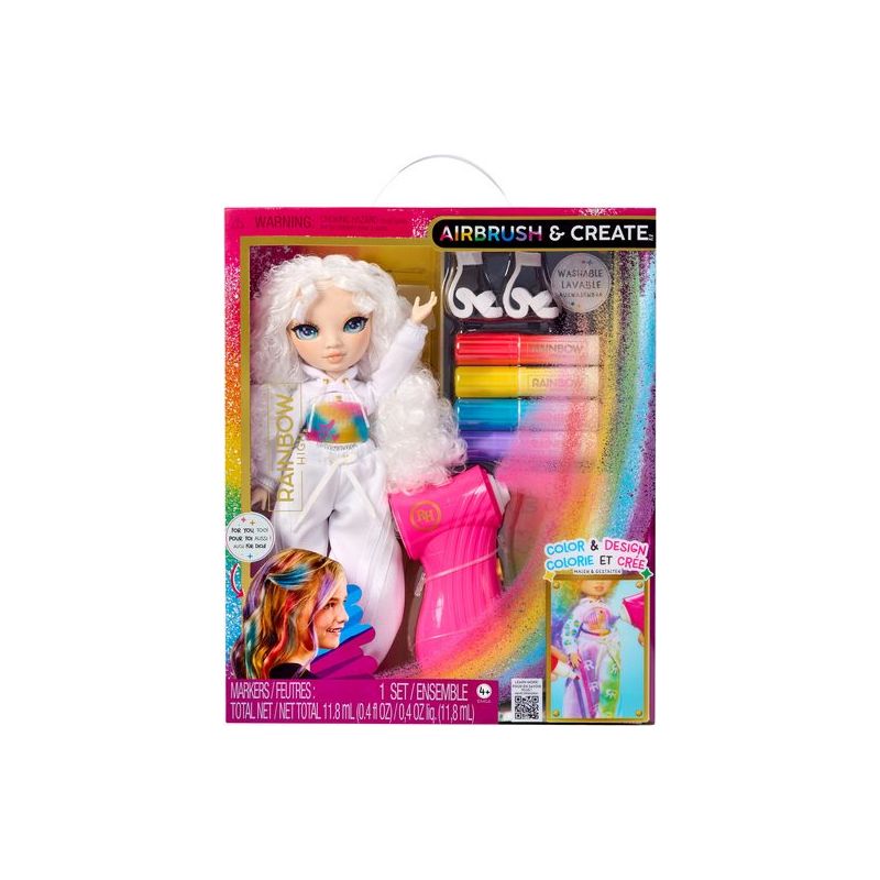 Rainbow High Puppenset mit Airbrush, Markern und weißem Outfit zum Gestalten und Ausmalen.