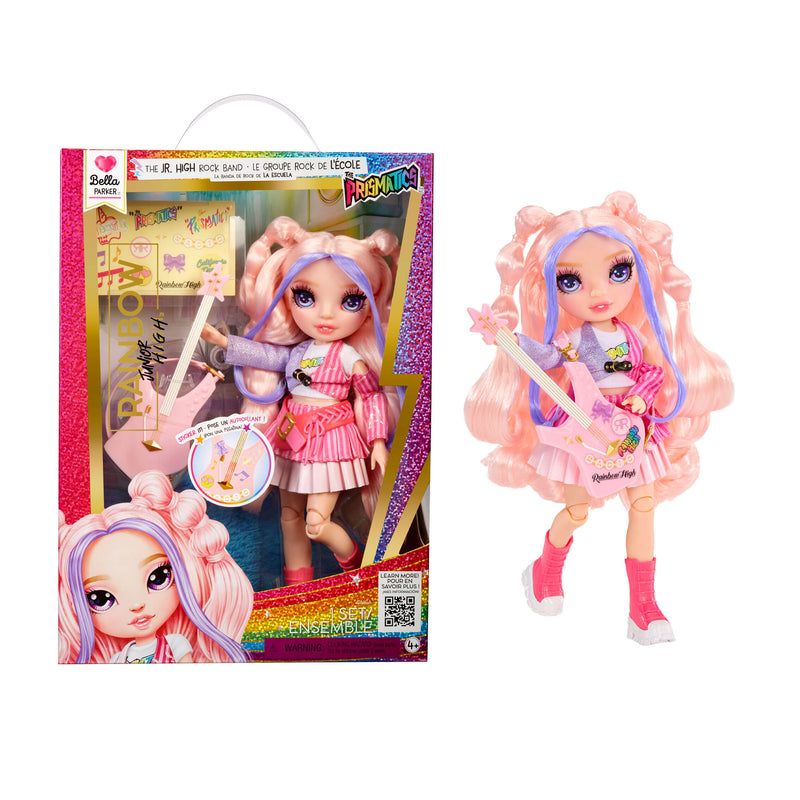 Puppe mit pink-lila Haaren, pinkem Outfit und Gitarre neben bunter Verpackung.