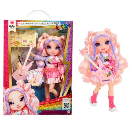 Puppe mit pink-lila Haaren, pinkem Outfit und Gitarre neben bunter Verpackung.