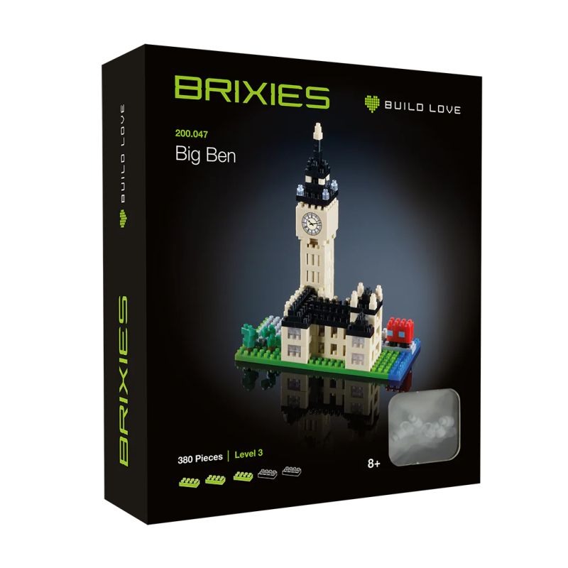 Box des Brixies-Sets Big Ben mit 380 Teilen, empfohlen ab 8 Jahren.