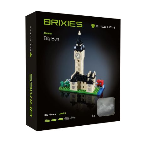 Box des Brixies-Sets Big Ben mit 380 Teilen, empfohlen ab 8 Jahren.