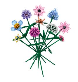 Bunter LEGO-Blumenstrauß mit pinken, blauen, lila und weißen Blüten sowie grünen Stielen.