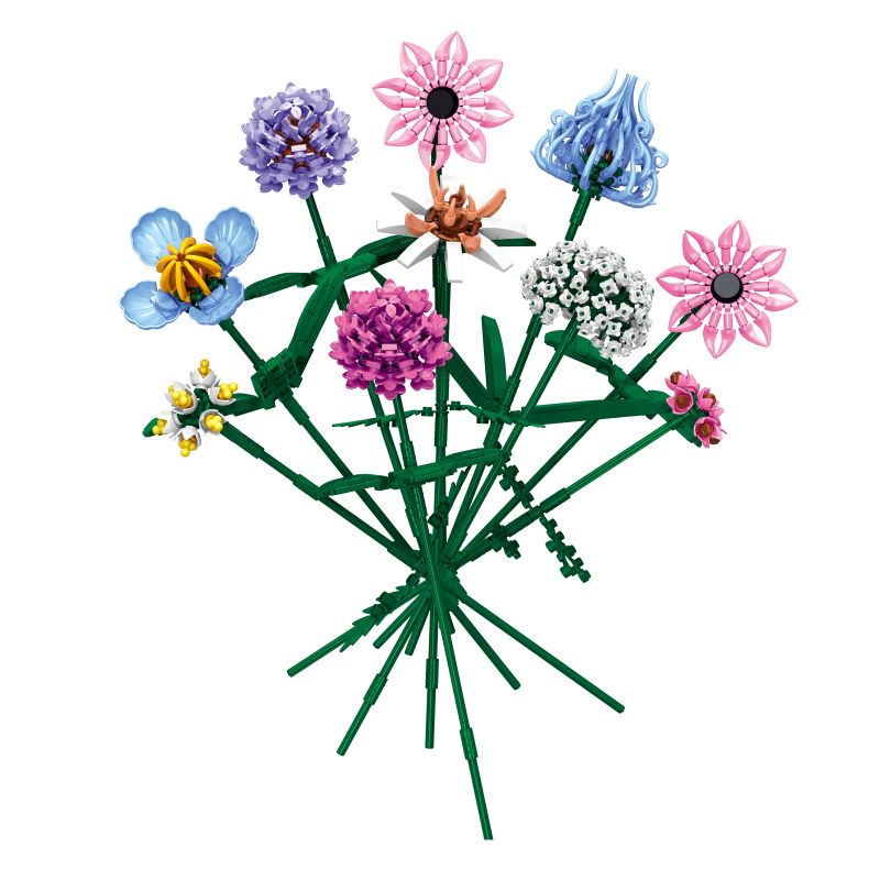 Bunter LEGO-Blumenstrauß mit pinken, blauen, lila und weißen Blüten sowie grünen Stielen. Bunter LEGO-Blumenstrauß mit pinken, blauen, lila und weißen Blüten sowie grünen Stielen.