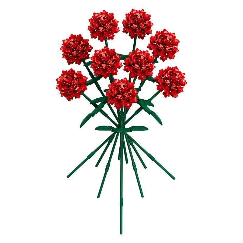 Acht rote LEGO-Nelken mit grünen Stängeln und Blättern als Strauß. Acht rote LEGO-Nelken mit grünen Stängeln und Blättern als Strauß.