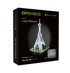 BRIXIES Bauset Große Eiffelturm-Box mit Bild des weißen Modells und Angabe: 257 Teile.