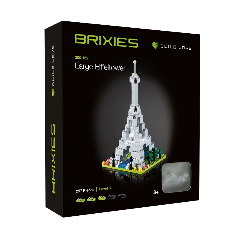BRIXIES Bauset Große Eiffelturm-Box mit Bild des weißen Modells und Angabe: 257 Teile.