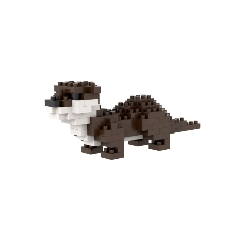Eine kleine Otterfigur aus braunen, weißen und schwarzen Bausteinen auf weißem Hintergrund.