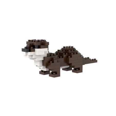 Eine kleine Otterfigur aus braunen, weißen und schwarzen Bausteinen auf weißem Hintergrund.