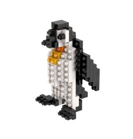 Ein Pinguin aus kleinen, ineinandergreifenden Plastiksteinen in Schwarz, Weiß und Orange gebaut.