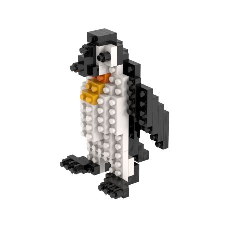 Ein Pinguin aus kleinen, ineinandergreifenden Plastiksteinen in Schwarz, Weiß und Orange gebaut.