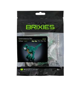 Brixies Tyrannosaurus Rex Bauset in schwarzer Verpackung mit Foto des fertigen Dinosaurier-Modells.