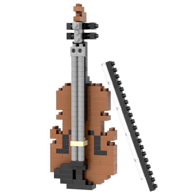 Eine Geige mit Bogen, gebaut aus ineinandergreifenden Bausteinen aus Kunststoff.