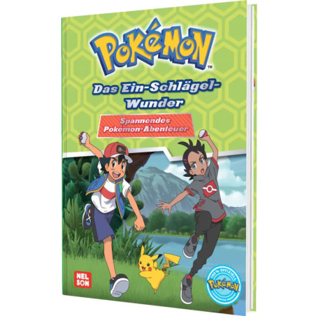 Das Cover des Pokémon Lesebuchs zeigt zwei Trainer und Pikachu in einer bunten Waldszene.