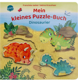 Cover eines Dinosaurier-Puzzlebuchs mit bunten Dinosauriern und Pflanzen.