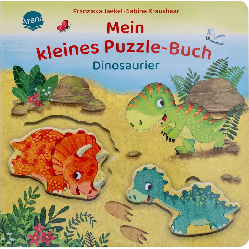 Cover eines Dinosaurier-Puzzlebuchs mit bunten Dinosauriern und Pflanzen. Cover eines Dinosaurier-Puzzlebuchs mit bunten Dinosauriern und Pflanzen.