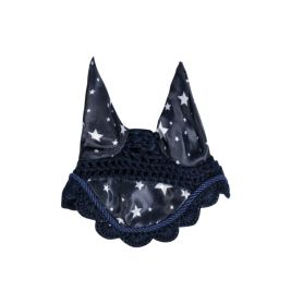 Dunkelblaue Tiermütze mit weißen Sternen, spitzen Ohrenklappen und gewelltem Rand.