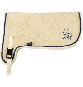 Cremefarbene Fleece-Pferdedecke mit navyblauer Umrandung, Schnallenverschluss und HKM Kids Logo bestickt.