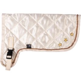 Cremefarbener, gesteppter Hundemantel mit brauner Einfassung, drei goldenen Sternen und beigem Gurt links.