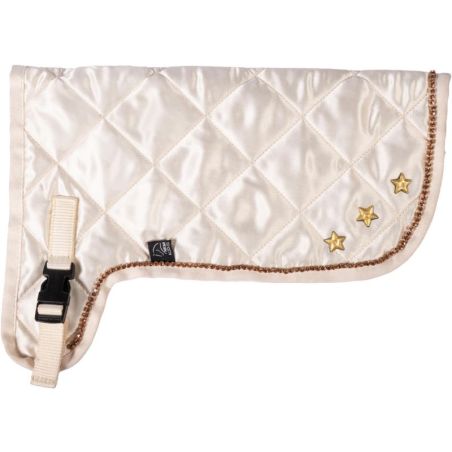 Cremefarbener, gesteppter Hundemantel mit brauner Einfassung, drei goldenen Sternen und beigem Gurt links.