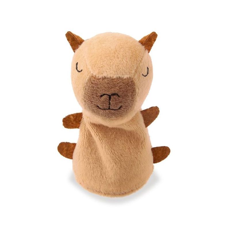 Plüsch-Fingerpuppe in Form eines hellbraunen Tiers mit geschlossenen Augen und kleinen Ohren vor weißem Hintergrund.