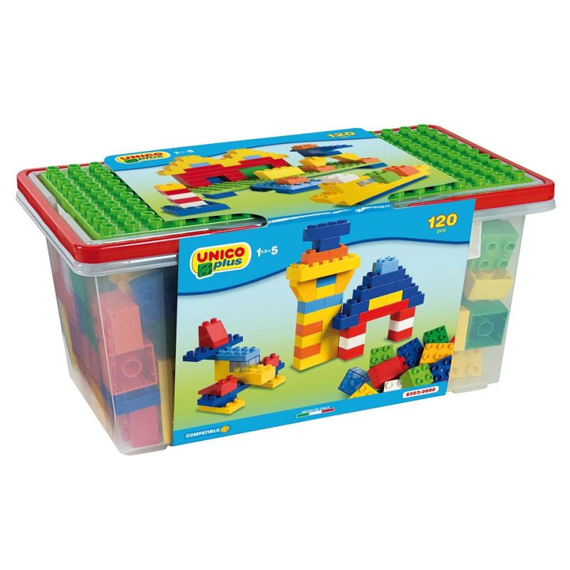 UNICO Plus Bausteine (1-5 Jahre) in Kunststoffbox mit bunten Steinen und Hausabbildung auf dem Etikett. UNICO Plus Bausteine (1-5 Jahre) in Kunststoffbox mit bunten Steinen und Hausabbildung auf dem Etikett.