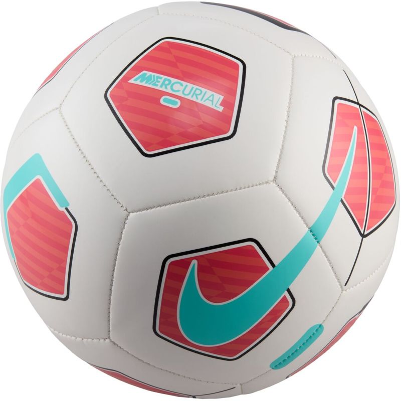 Weißer Nike-Fußball mit roten Sechsecken, türkisfarbenem Swoosh und Mercurial-Logo. Weißer Nike-Fußball mit roten Sechsecken, türkisfarbenem Swoosh und Mercurial-Logo.