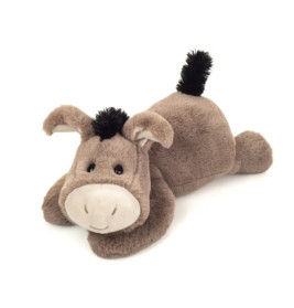 Plüsch-Esel liegt mit schlaffen Ohren und schwarzem Haarbüschel auf Kopf und Schwanz.