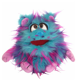 Plüsch-Monster in Blau und Lila mit großen Augen, rotem Mund sowie pinken Händen und Füßen.