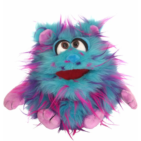 Plüsch-Monster in Blau und Lila mit großen Augen, rotem Mund sowie pinken Händen und Füßen.