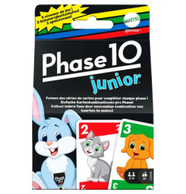 Phase 10 Junior Kartenspiel-Packung mit gezeichnetem Hasen, Kätzchen und Hund auf der Vorderseite.