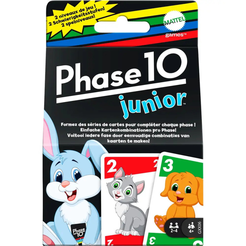 Phase 10 Junior Kartenspiel-Packung mit gezeichnetem Hasen, Kätzchen und Hund auf der Vorderseite. Phase 10 Junior Kartenspiel-Packung mit gezeichnetem Hasen, Kätzchen und Hund auf der Vorderseite.