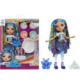 Rainbow High Skyler Puppe mit bunten Haaren, blauem Haustier, Schleim und Glitzer-Set, verpackt und ausgepackt.