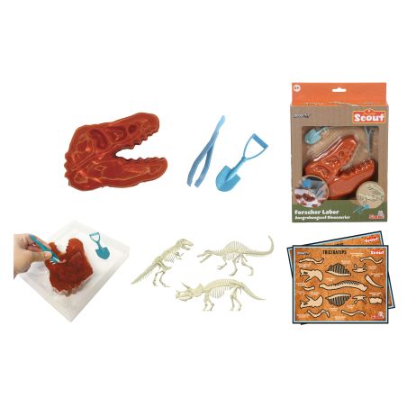 Dinosaurier-Ausgrabungsset mit Werkzeugen, Spielfossilien und Stickerbogen, in und außerhalb der Verpackung gezeigt.