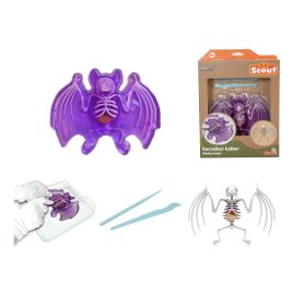 Lila Fledermausspielzeug mit sichtbarem Skelett, Ausgrabungswerkzeugen und Verpackung Forscher Labor Fledermaus.