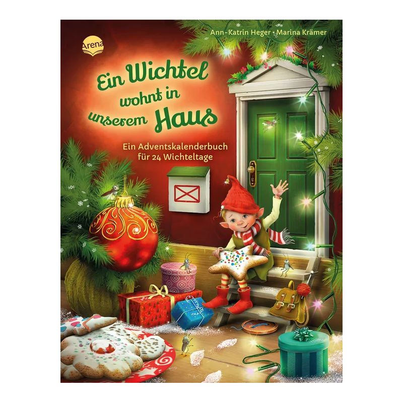 Ein Elf sitzt an einer grünen Tür, umgeben von Geschenken, Plätzchen und Weihnachtsdekoration.