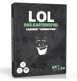 Box von LOL Das Kartenspiel mit lachendem Gesicht, deutschem Text und schwarz-weiß-grüner Gestaltung.