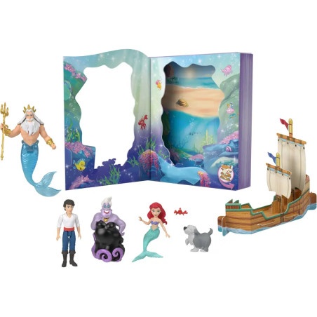Mattel Disney Prinzessin Arielle Set: Meerjungfrau & Freunde mit Schiff und aufklappbarem Geschichtenbuch.