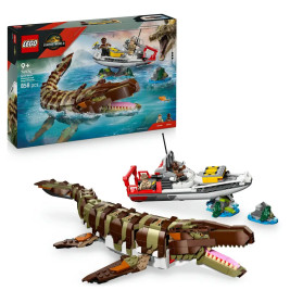LEGO Jurassic World Set mit großem Dinosaurier, Boot, Minifiguren und Verpackung.