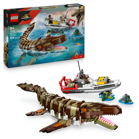 LEGO Jurassic World Set mit großem Dinosaurier, Boot, Minifiguren und Verpackung.