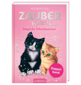 Rosa Buchcover mit zwei Kätzchen und dem Titel Zauber Kätzchen: Magische Schulabenteuer.