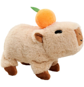 Ein Plüsch-Capybara mit einer weichen orangefarbenen Frucht und grünem Blatt auf dem Kopf.