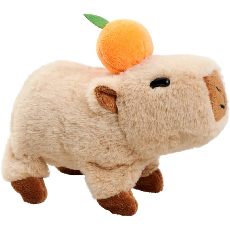 Ein Plüsch-Capybara mit einer weichen orangefarbenen Frucht und grünem Blatt auf dem Kopf. Ein Plüsch-Capybara mit einer weichen orangefarbenen Frucht und grünem Blatt auf dem Kopf.