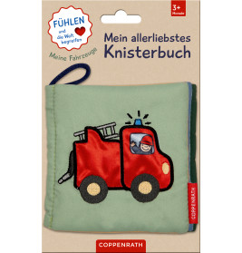 Weiches Babybuch mit rotem Feuerwehrauto und Feuerwehrmann auf dem Cover, Aufschrift: "Mein allerliebstes Knisterbuch".