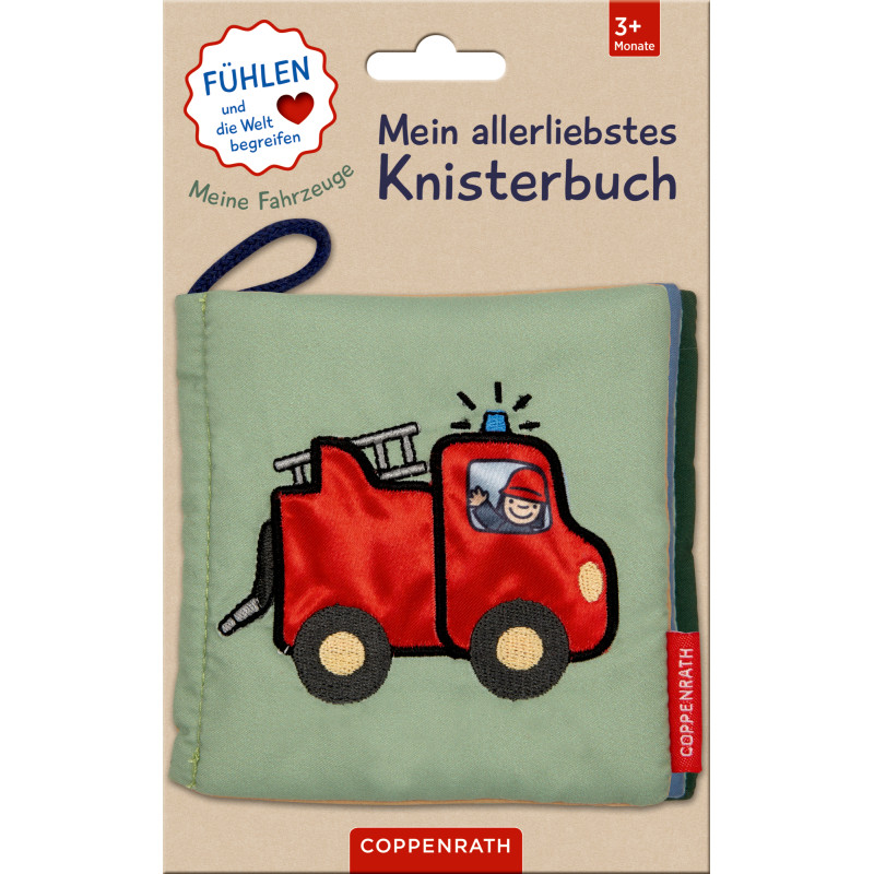 Weiches Babybuch mit rotem Feuerwehrauto und Feuerwehrmann auf dem Cover, Aufschrift: Mein allerliebstes Knisterbuch.